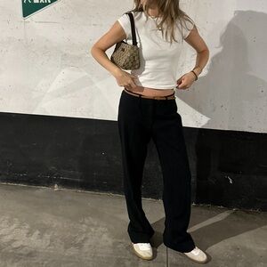 Navy pinstripe boot cut dress pants trousers with button on back pocket